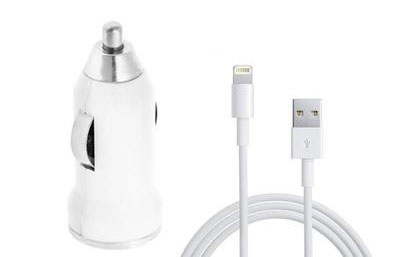 iPHONE IOS Car Charger Adapter with IOS Lightning USB Cable (Car White)